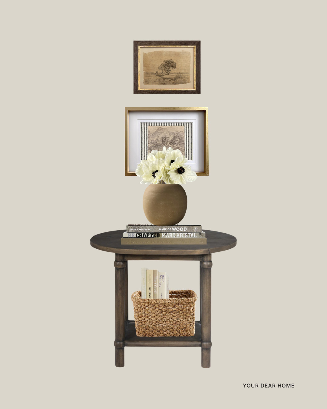 This one is a softer take on vintage hallway decor.
Layered framed art, a warm wood round table, stacked books and a woven basket below keep things functional but elevated. The neutral florals add just enough life without overpowering the space. 

 #LTKHome