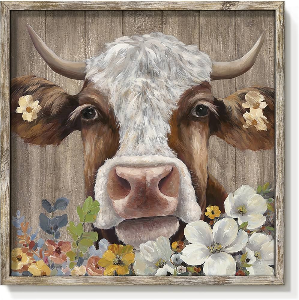 Cattle Wall Art Framed Decor: Country Farmhouse Cute Cow Wooden Painting Rustic Farm Animal Pictu... | Amazon (US)