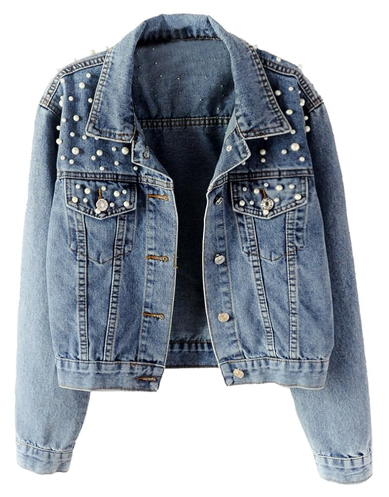 LifeShe Women's Embroidered Pearl Denim Jean Jacket Coat | Amazon (US)