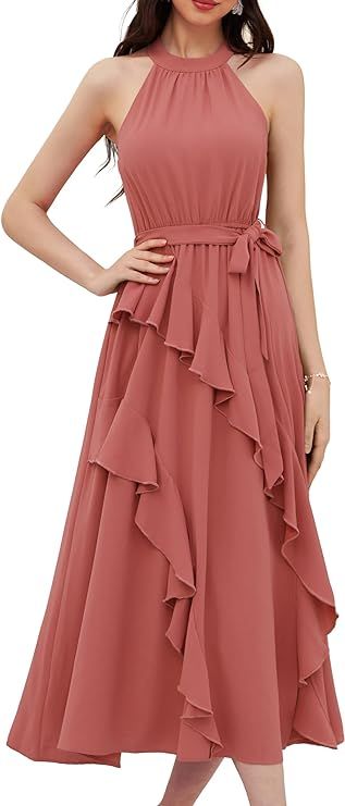 GRACE KARIN Women's 2024 Summer Sleeveless Halter Neck Ruffle Hem Split Flowy Swing Long Midi Dre... | Amazon (US)