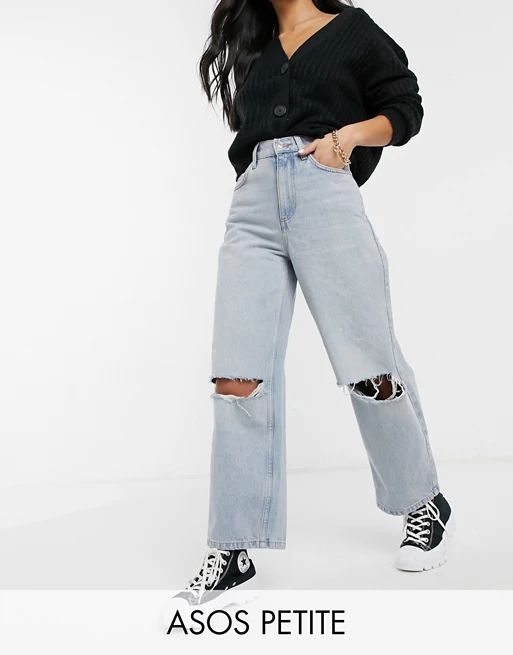 ASOS DESIGN Petite high rise 'relaxed' dad jeans in lightwash with rips | ASOS (Global)