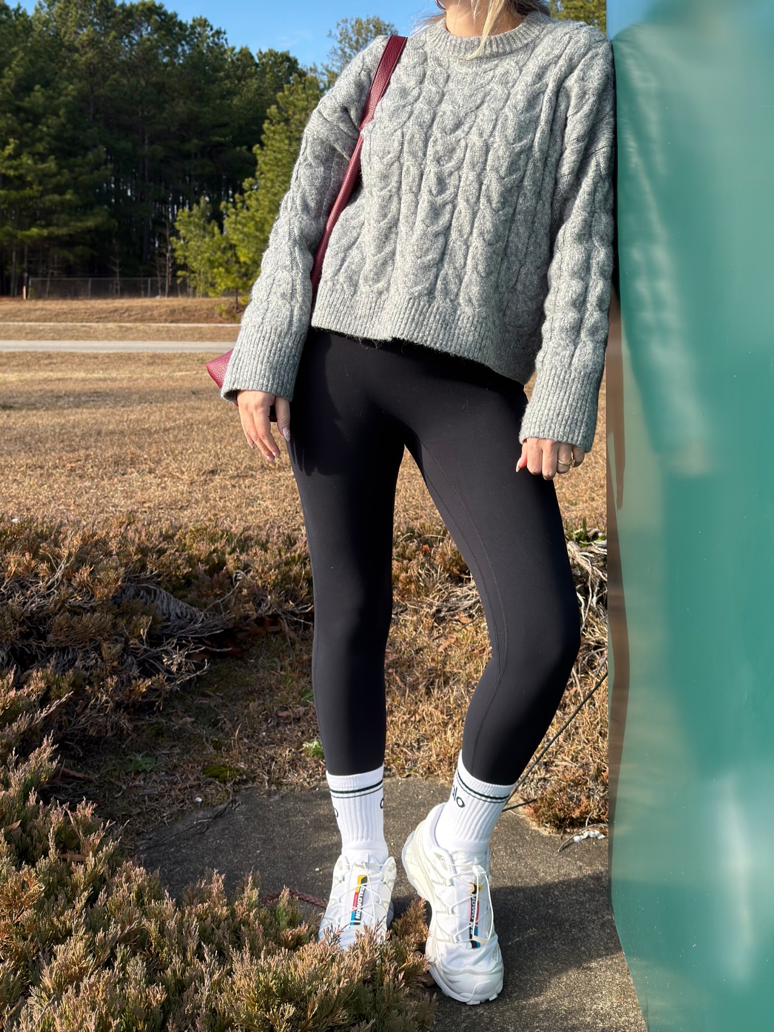 Fall outfit, fall ootd, causal fall look, leggings, sweater, Salomon, alo socks, Abercrombie, slouchy bag 

#LTKootd