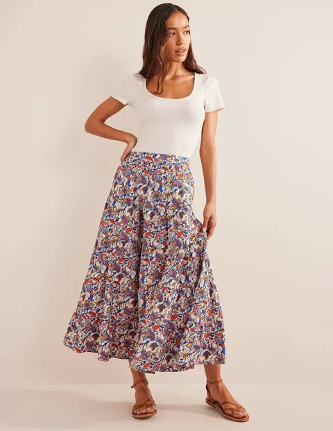 Tiered Poplin Midi Skirt - Nebulas Blue, Paisley Vine | Boden (US)