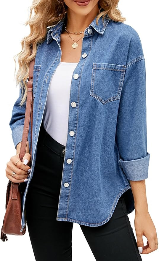 Women Denim Jacket Shacket Long Sleeve Oversize Boyfriend Jean Jacket Shirt | Amazon (US)