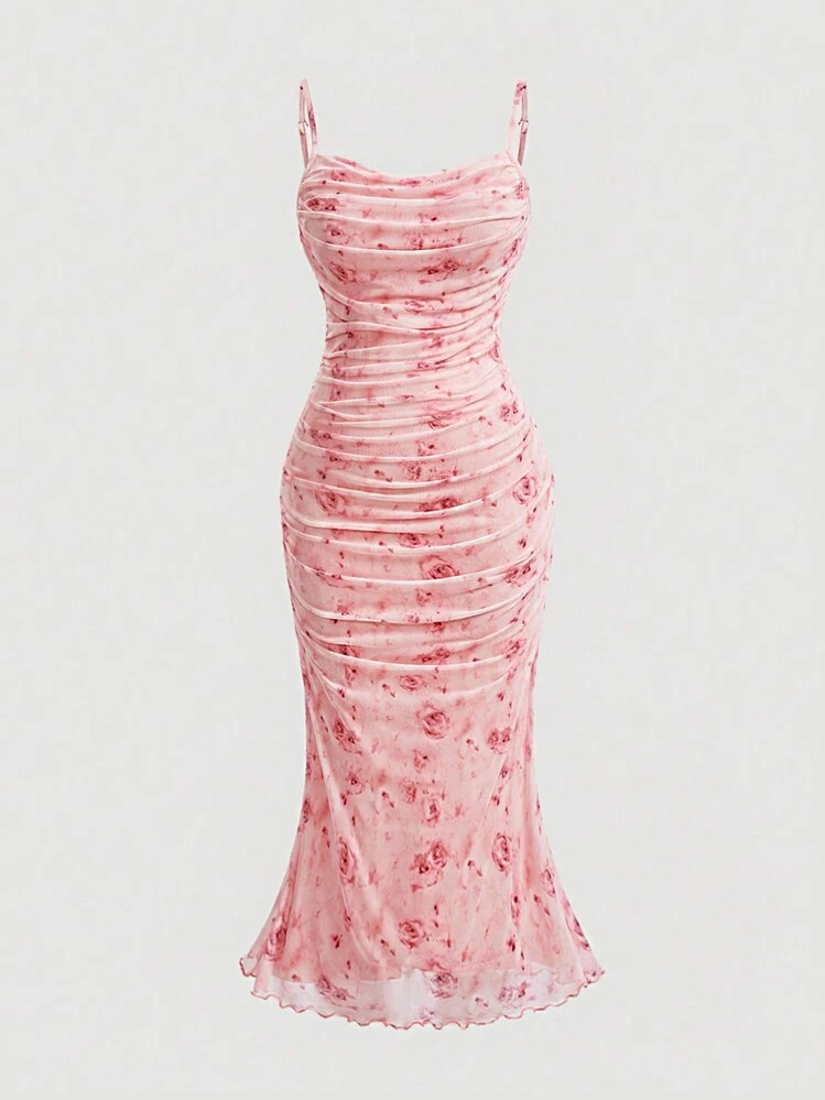SHEIN MOD Plus Size Ruffled Bodycon Dress With Floral Print And Spaghetti Straps | SHEIN