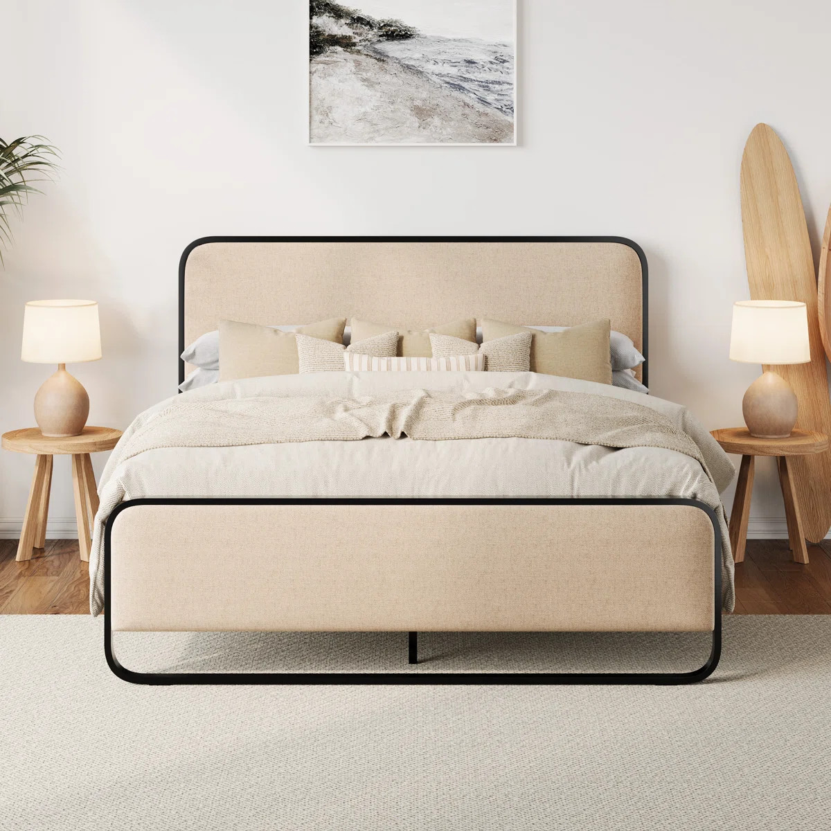 Arnasia Modern Beige Upholstered Platform Bed with Padded Headboard & Footboard - Heavy Duty Meta... | Wayfair North America
