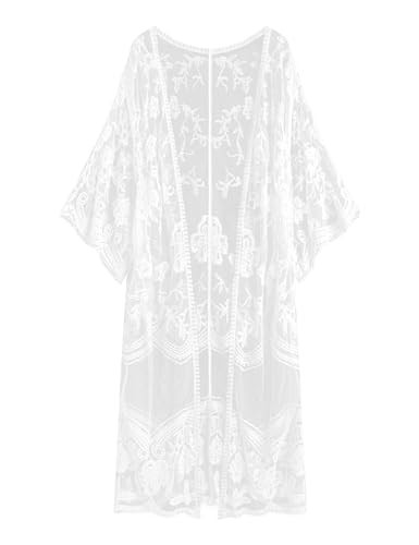 Floral Crochet Lace Cardigan for Women Beach Cover Ups Long Kimono Dress(White) | Amazon (US)