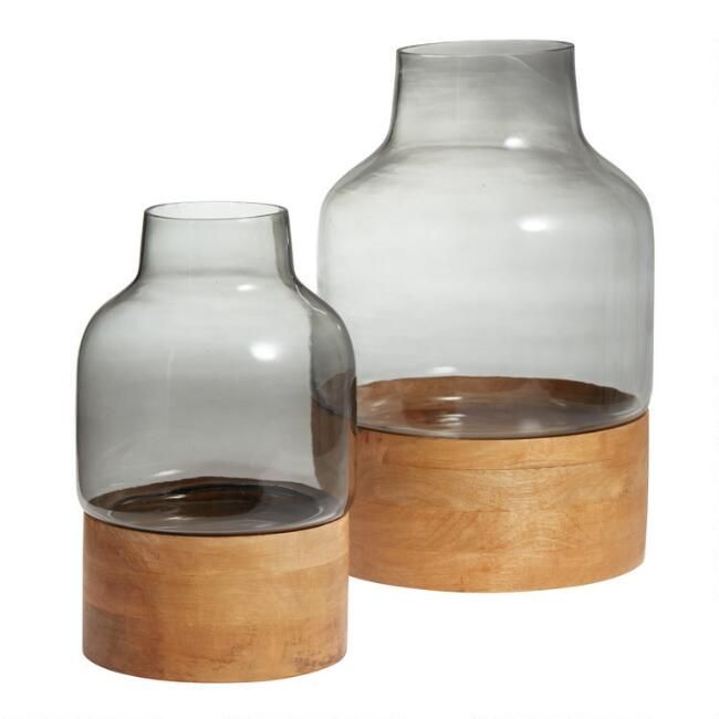 Smoke Gray Glass Vase with Wood Base | World Market