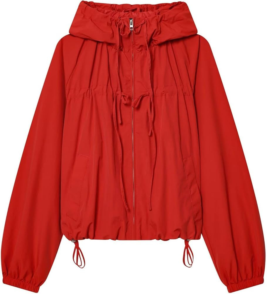 Lunoakvo Women's Drawstring Gathered Hooded Jacket Loose Fit Bow Detail Zipper Coats Y2K Long Sle... | Amazon (CA)