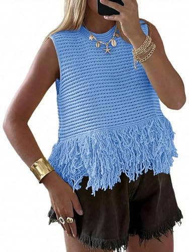 Saodimallsu Womens Crochet Crop Tank Tops Sleeveless Fringe Crew Neck Trendy Boho Knit Summer Sweater Vest Blue | Amazon (US)
