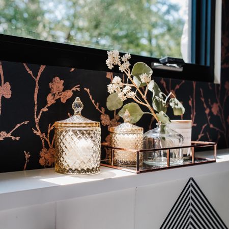 Rose gold decor and amber glass canisters hold all my bath goodies.

#amazonhome #homedecor #primeday 

#LTKhome #LTKstyletip #LTKunder50