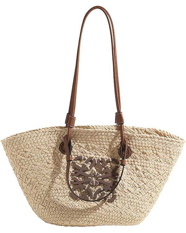 Straw Shoulder Bag - Women's Woven Straw Handbag - Large Summer Beach Leather Tote With Zipper-Wh... | Amazon (UK)