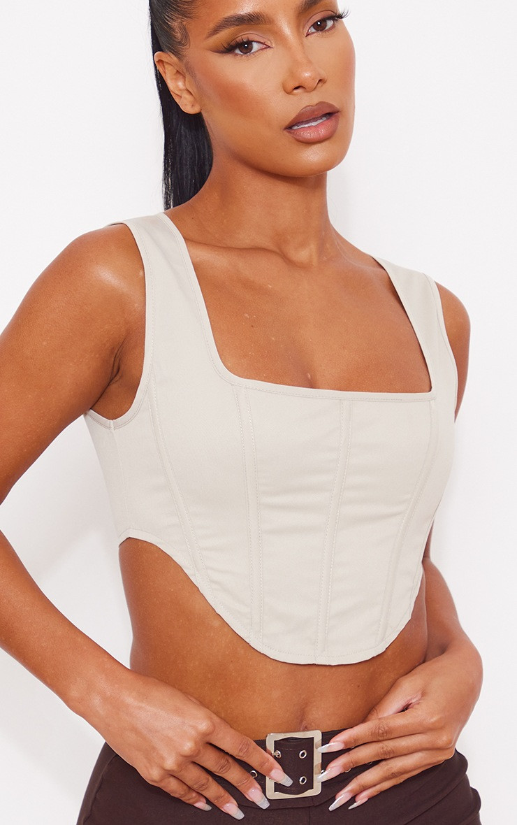 Stone Stretch Woven Boned Corset Crop Top | PrettyLittleThing US