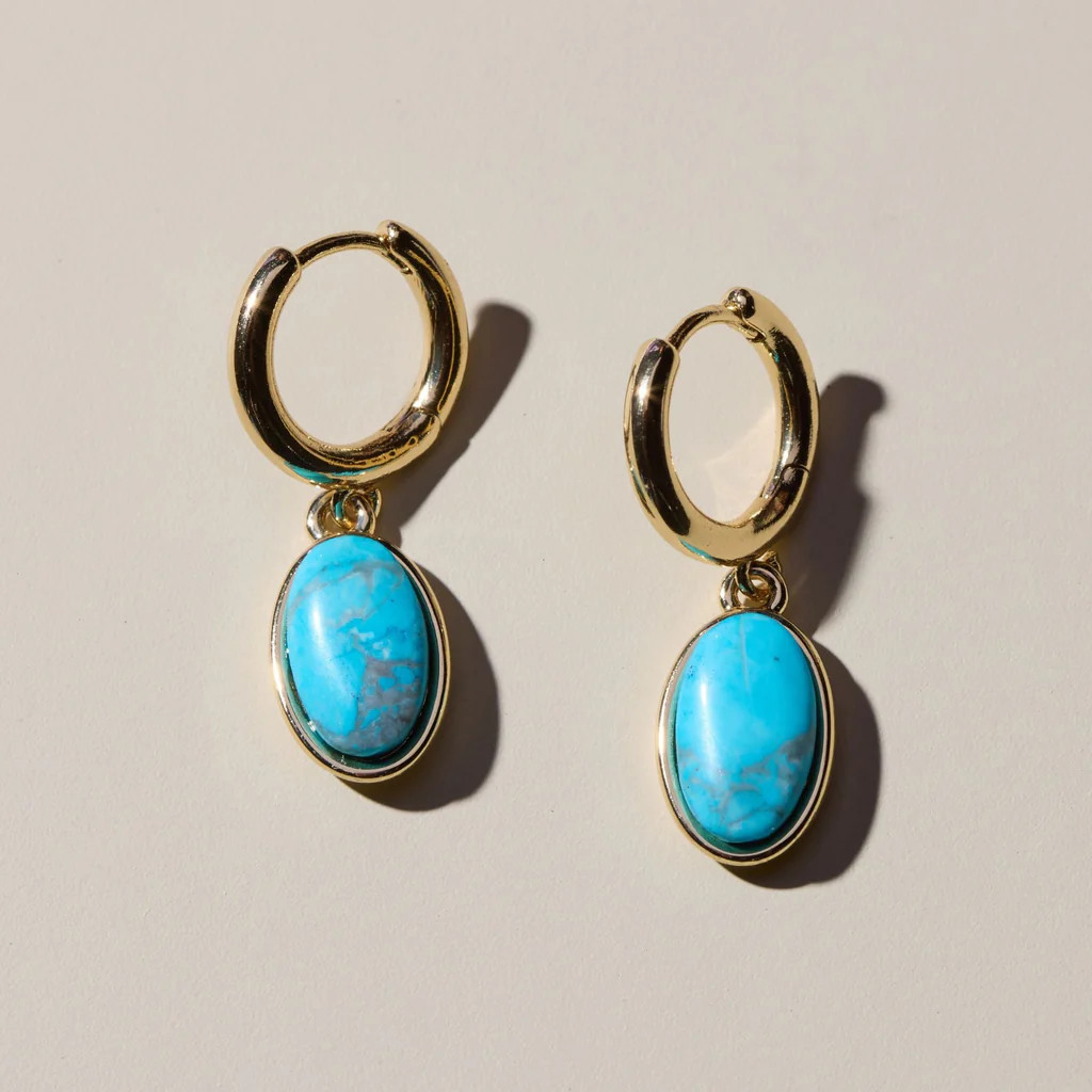 Turquoise Oval Stone Huggies | Nickel and Suede