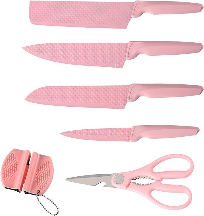 Pink Knife Set of 6, Stainless Steel Kitchen Knives Sets with Gift Box, Chef Knife Set Nonstick f... | Amazon (US)
