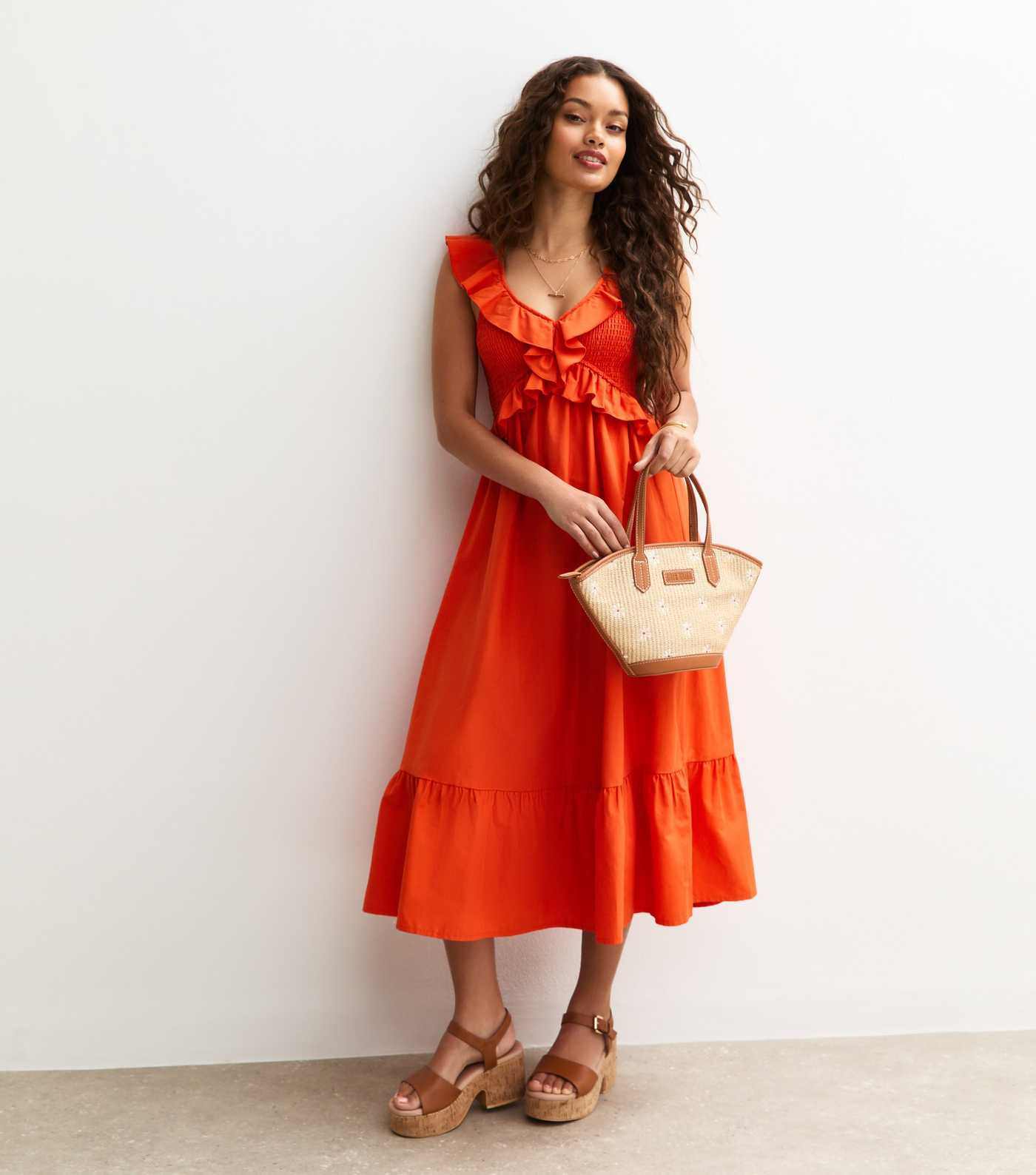 Petite Orange Shirred Ruffled Tie Back Midi Dress | New Look | New Look (UK)
