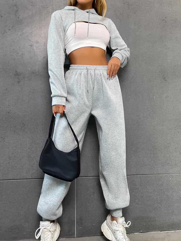 High Low Hem Drawstring Crop Hoodie & Sweatpants | SHEIN