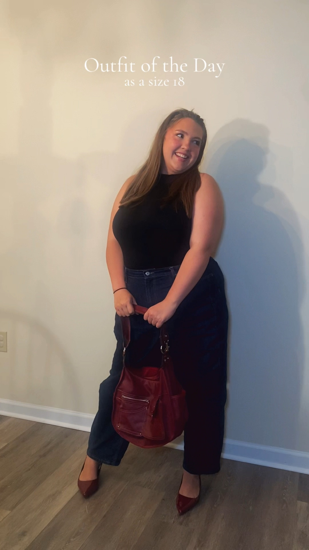 Casual Chic outfit of the day, plus size, mid size, black body suit, dark wash barrel jeans, red shiny kitten heels, red bag, size 18

#LTKMidsize #LTKShoeCrush #LTKPlusSize