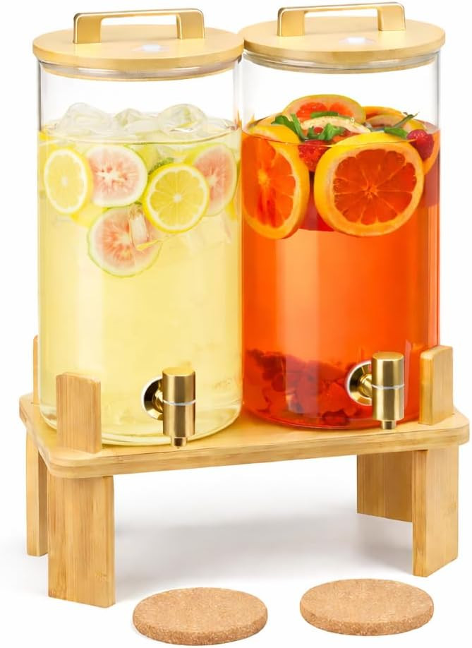 1.5 Gallon 2PCS Glass Drink Dispenser for Parties,Beverage Dispenser with Wooden Stand, Lemonade ... | Amazon (US)
