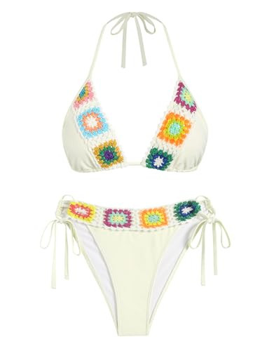 ZAFUL Women's Halter Triangle Bikini Set Crochet Boho Floral Swimsuit Cut Out Tie Side Two Piece Bathing Suit (1-Beige, S) | Amazon (US)