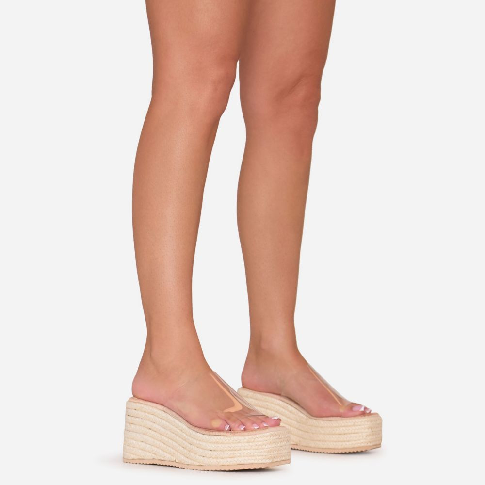 Sonny Clear Perspex Strap Woven Platform Wedge Sandal In Nude Faux Leather | EGO (UK)