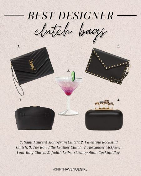 The best designer clutch bags to elevate your outfits👛 1. Saint Laurent Monogram Clutch 2. Valentino Rockstud Clutch 3. The Row Ellie Leather Clutch 4. Alexander McQueen Four Ring Clutch 5. Judith Leiber Couture Cosmopolitan Cocktail Bag

#LTKstyletip #LTKitbag #LTKwedding