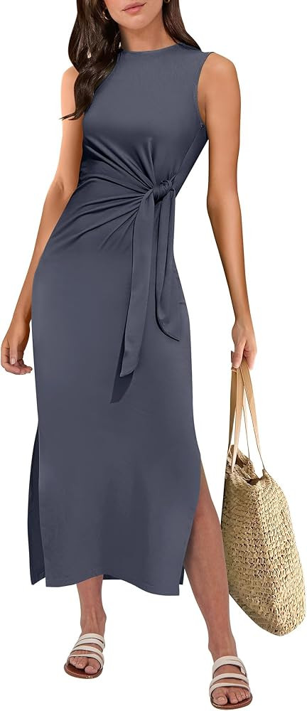 ANRABESS Womens Summer Casual Sleeveless T Shirt Midi Dress Slim Fit Tie Waist Split Tank Long Dresses 2026 Vacation Sundress | Amazon (US)