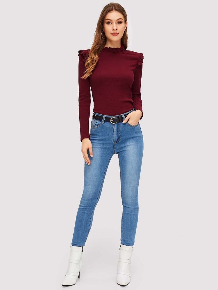 SHEIN Frill Trim Solid Tee | SHEIN