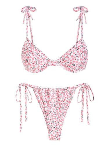ZAFUL Women's Underwire Bikini Set Floral Print Adjustable Tie Self Swimsuit 2 Piece Bathing Suits Drawstring Swimwear Pink | Amazon (US)