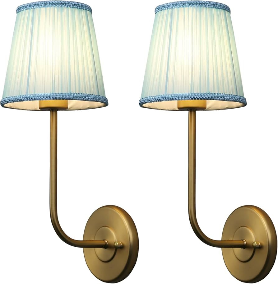Pathson Set of 2 Fabric Wall Sconces Blue Gauze Lampshade, Hardwired Bathroom Vanity Lights Curve... | Amazon (US)
