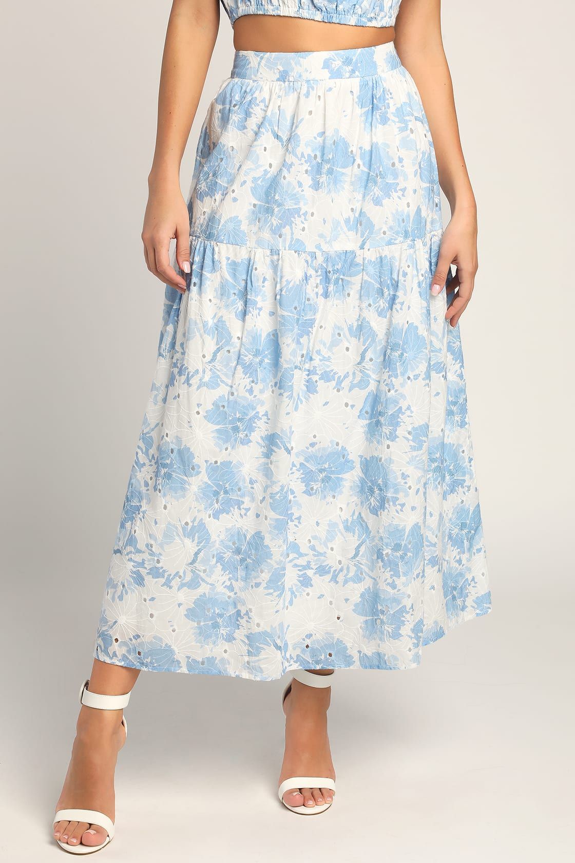 Made for Mallorca White and Blue Eyelet Tiered Maxi Skirt | Lulus (US)