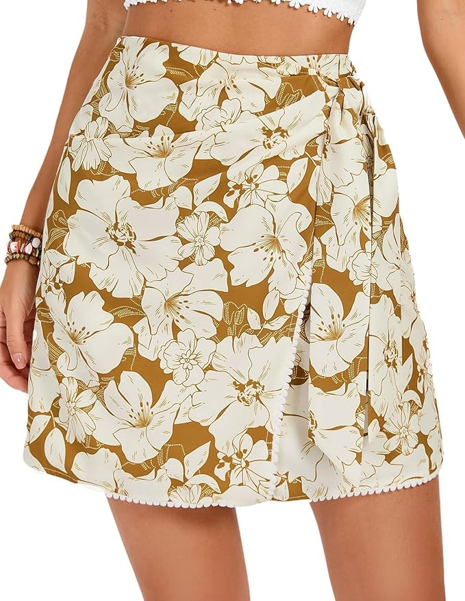 Kate Kasin Women's Boho Mini Skirts Floral Wrap Tie Skirt Elastic High Waisted Summer Casual Beac... | Amazon (US)
