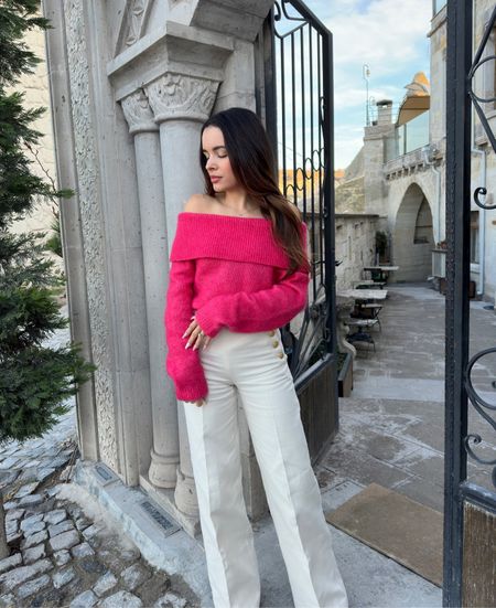 A cozy knit spring look 🩷 i love the details on these trousers, it’s the perfect way to elevate a simple outfit without needing a belt  

#LTKstyletip #LTKtravel #LTKSeasonal