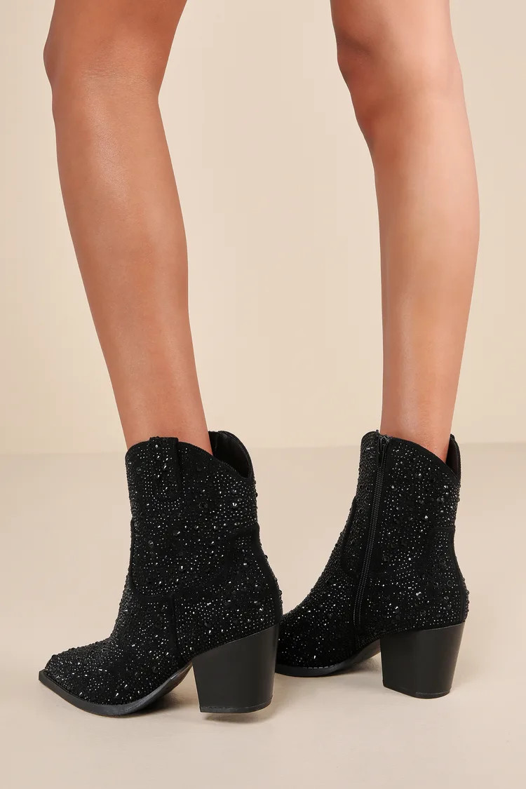 Belinnda Black Suede Rhinestone Pointed-Toe Ankle Booties | Lulus
