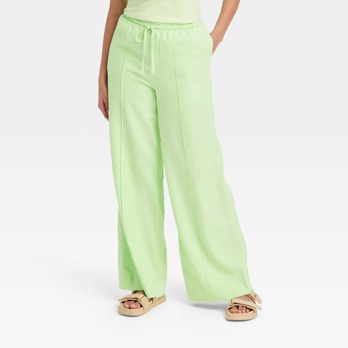 Women's High-Rise Wide Leg Linen Pull-On Pants - A New Day™ Green S | Target