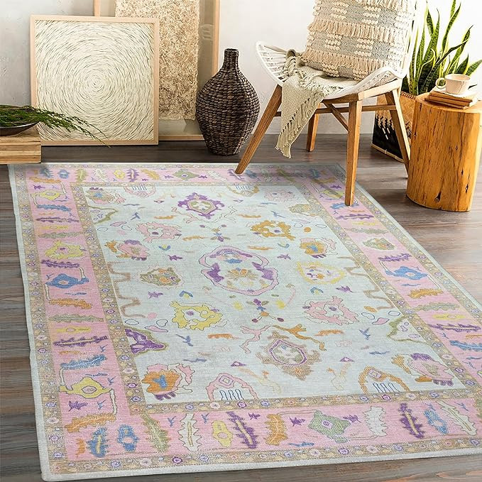 Modern Oushak Rug, Vintage Turkish Pink Oriental Antique Inspired Washable Area Rugs, Luxury Livi... | Amazon (US)