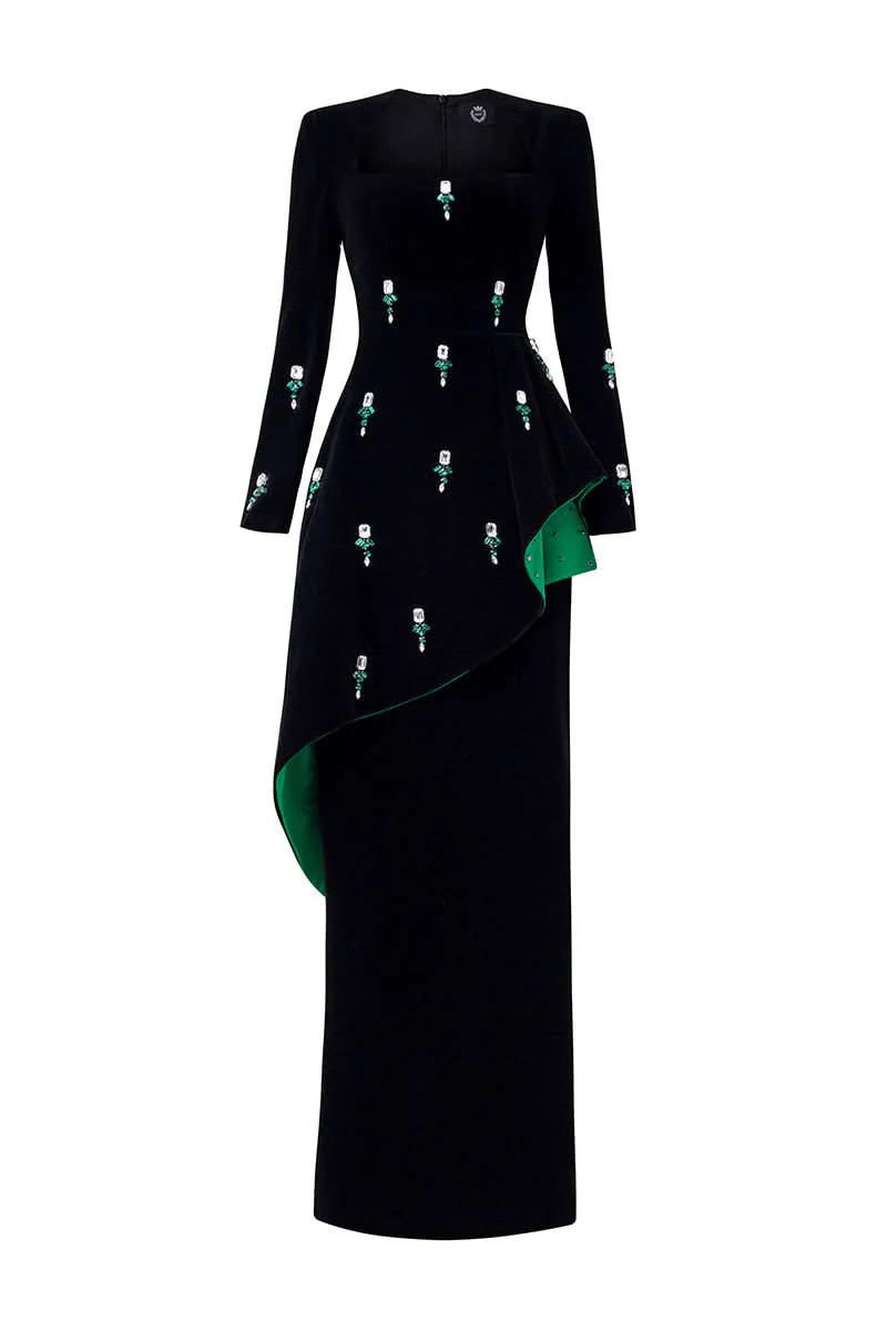 BLACK QUEEN ANNE NECKLINE AND DRAPED WAIST VELVET GOWN | IHF | CULT MIA | CULT MIA UK LTD