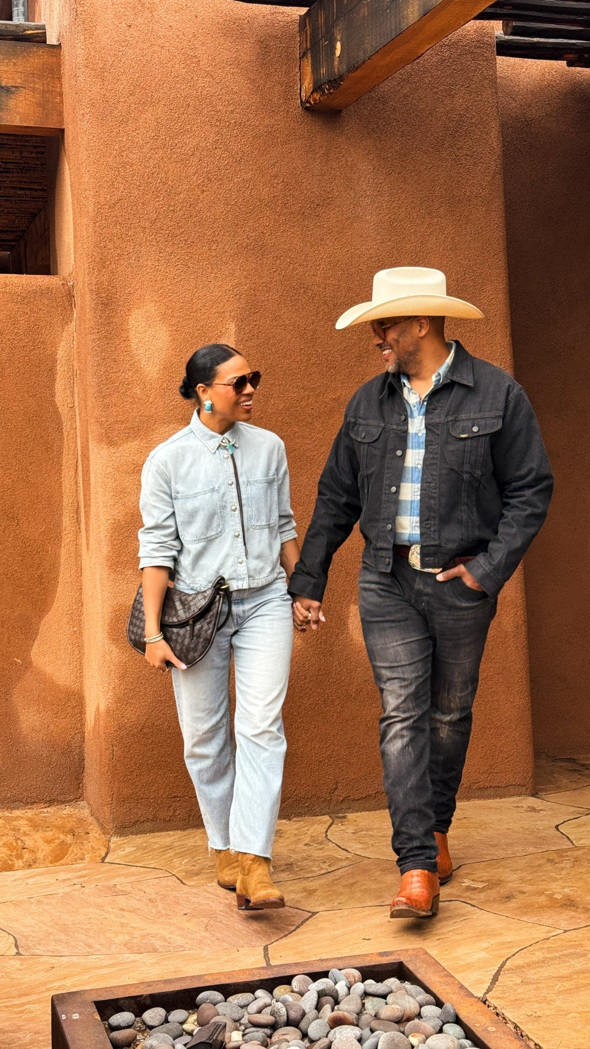 All denim outfit: barrel jeans, light denim button up, cowboy boots, turquoise bolo tie, turquoise earrings & oversized sunglasses. 

#LTKOver40 #LTKStyleTip