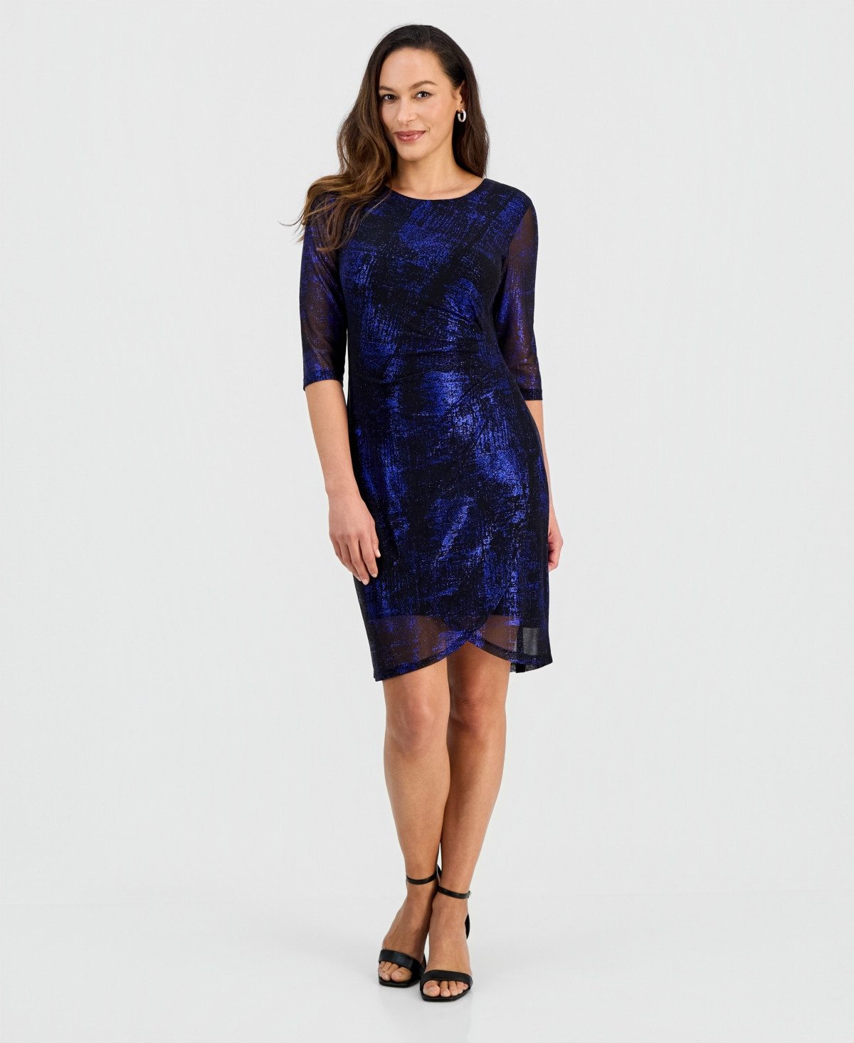 Connected Petite Sparkle Mesh 3/4-Sleeve Sheath Dress - Sap | Macy's