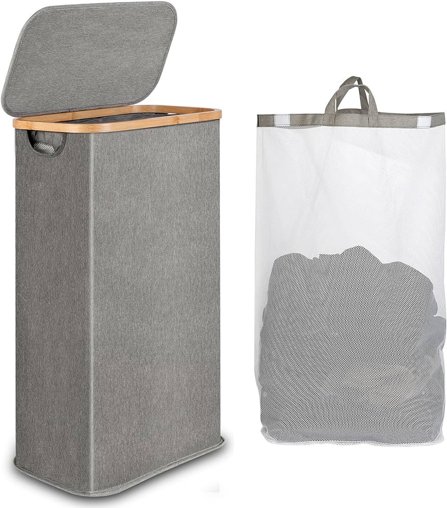 iEGrow 60L Slim Laundry Hamper, Narrow Laundry Basket with Lid,Foldable Clothes Hamper with Bambo... | Amazon (US)