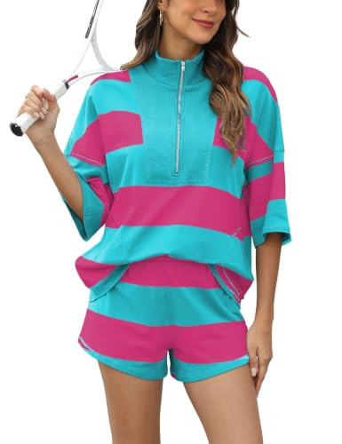 IQSQSQ Womens Striped Short Set 2 Piece Half Zip Top and Shorts Lounge Set | Amazon (US)