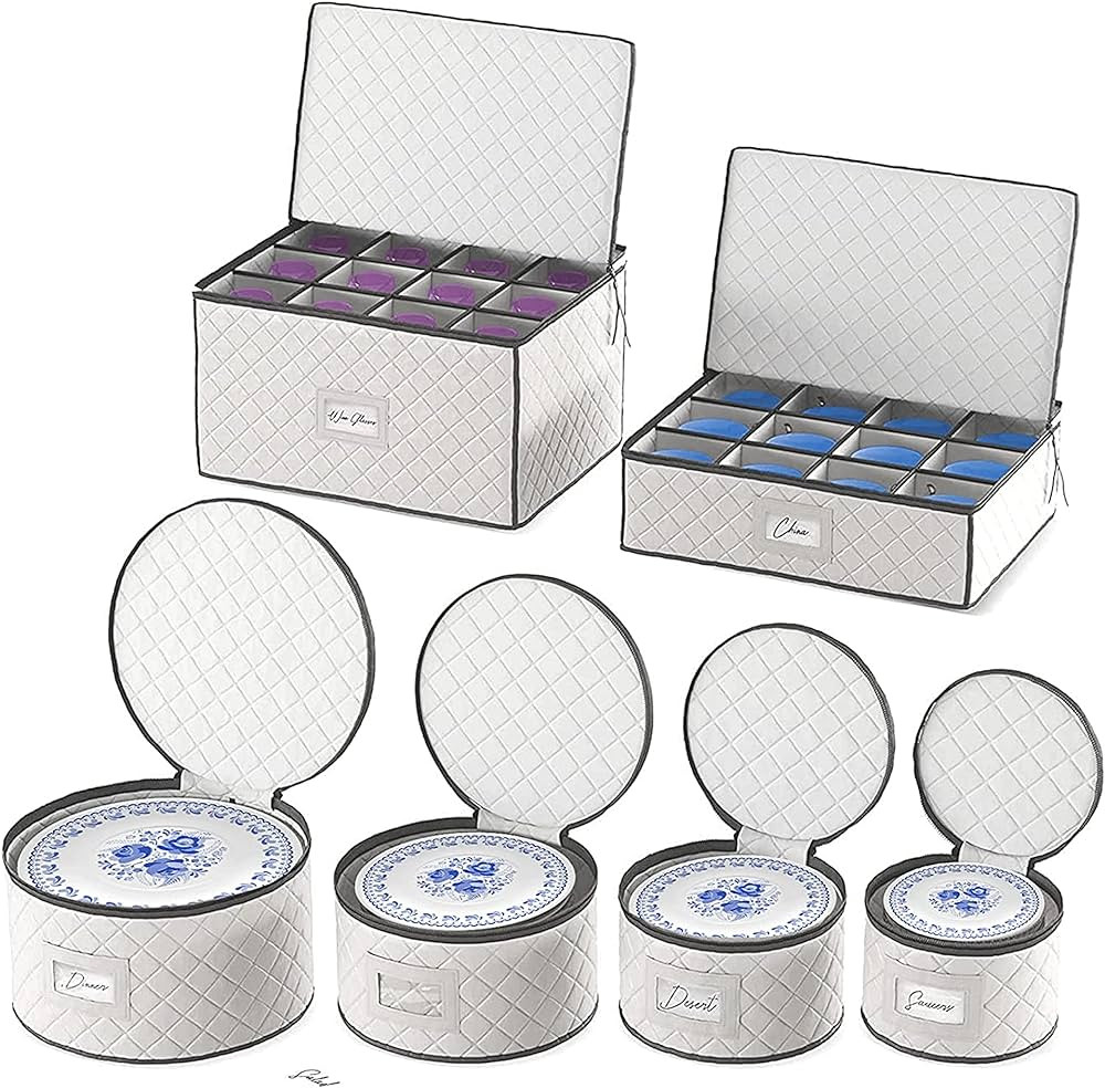 Woffit China Storage Containers - 6 Pack, Quilted Dinnerware & Stemware Set Bins for Packing Dish... | Amazon (US)