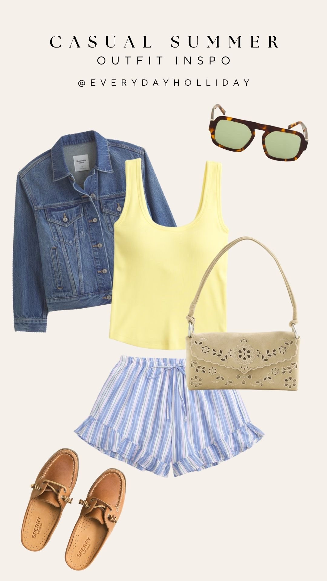 The casual summer outfit formula — yellow tank, blue striped ruffle shorts, denim jacket, Sperry boat shoes, and an eyelet bag. All Abercrombie and everything is linked! This is the kind of look that works for literally everything all summer.

#LTKxAbercrombie #LTKootd #LTKSaleAlert
