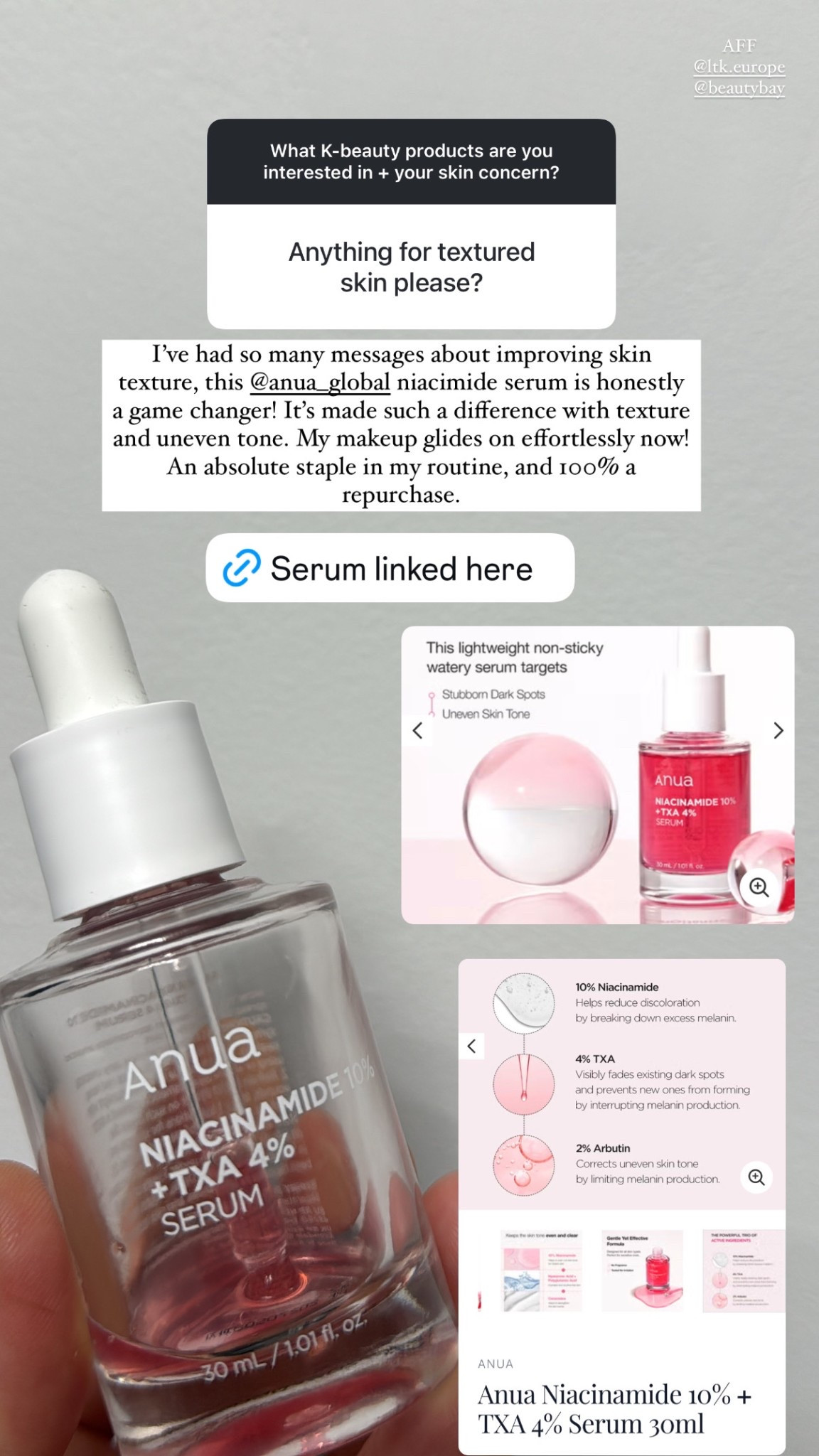 This Anua niacimide is amazing, for improving texture and brightening acne scarring. 

#LTKbeauty #LTKAprilSpotlight #LTKsale