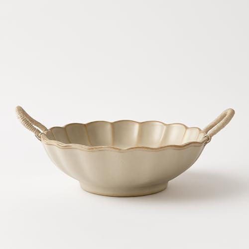 Amitofo 7.7inch Small Vintage Scalloped Ceramic Bowl with Rope Handles, Retro Style Glazed Purse Bowl for Serving Fruit,Salad,Table Centerpiece Decor (Yellow) | Amazon (US)