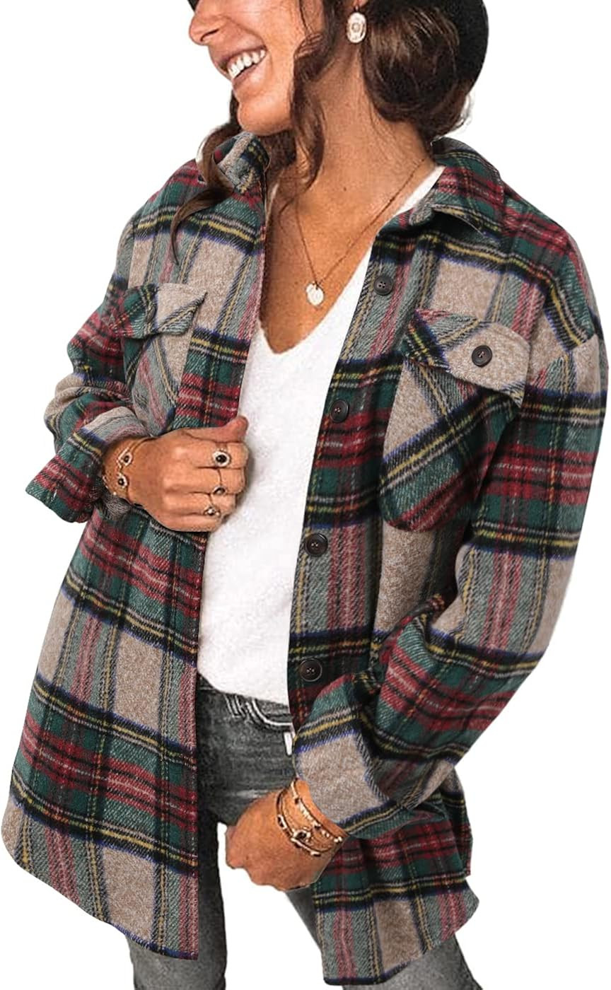Women's Brushed Plaid Shirts Long Sleeve Flannel Lapel Button Down Cardigan Boyfriend Shacket Jac... | Amazon (US)