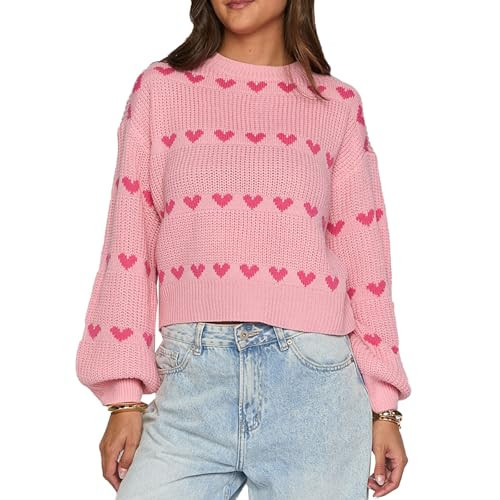 Womens Cute Heart Sweater Y2k Crew Neck Long Sleeve Knitted Tops Valentine Romantic Pullover Sweater Streetwear (Rose Red, L) | Amazon (US)
