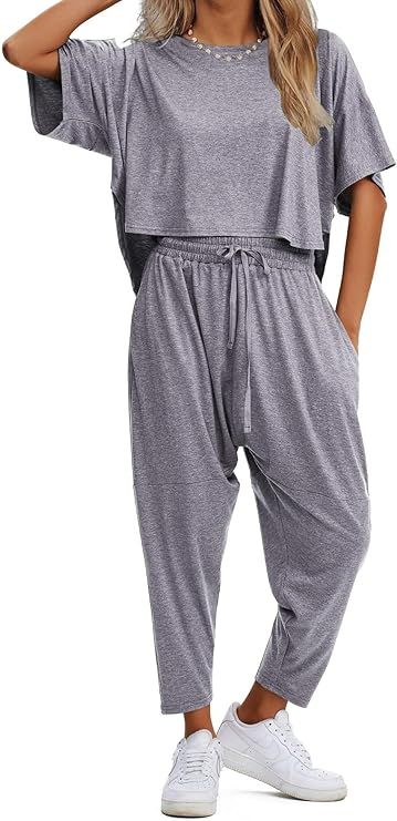 EXLURA Women's Summer 2 Piece Outfits Short Sleeve Crop Top and Jogger Pants Loose Pajama Lounge ... | Amazon (US)