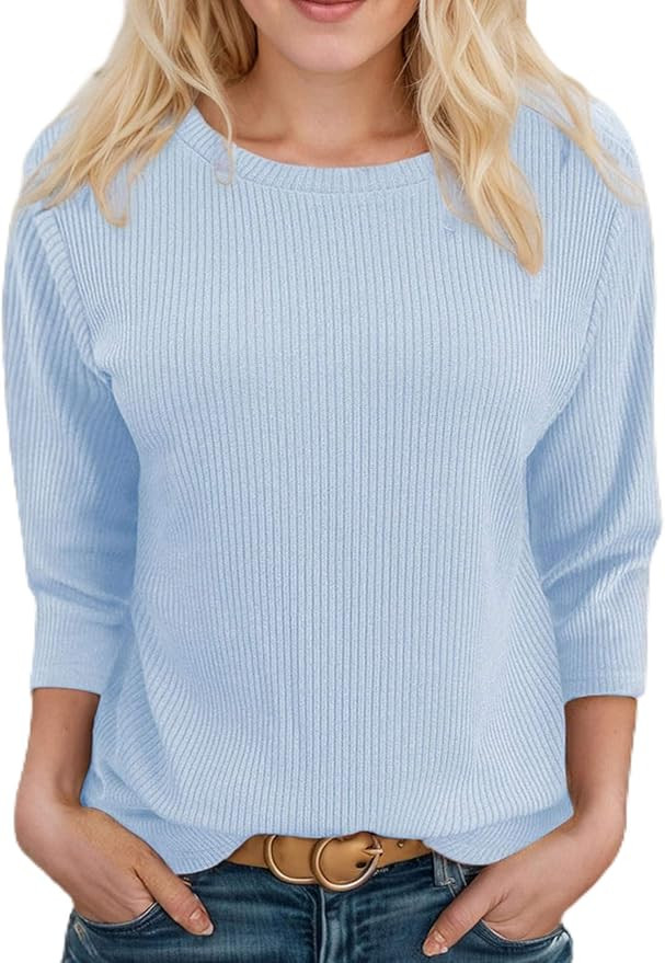 Womens Tops 3/4 Sleeve Tunic Crew Neck Loose Casual Blouses Clear Blue | Amazon (US)