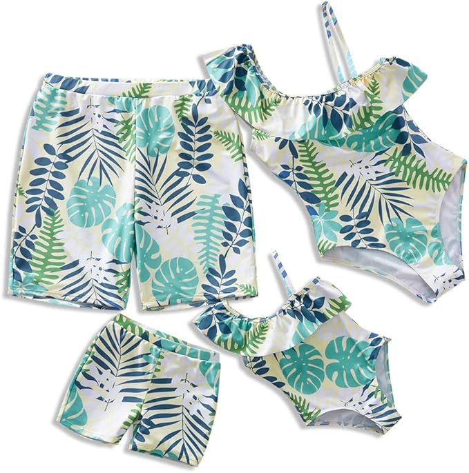 IFFEI Family Matching Swimwear One Piece Leaf Printed One Shoulder Monokini Ruffle Bathing Suit | Amazon (US)
